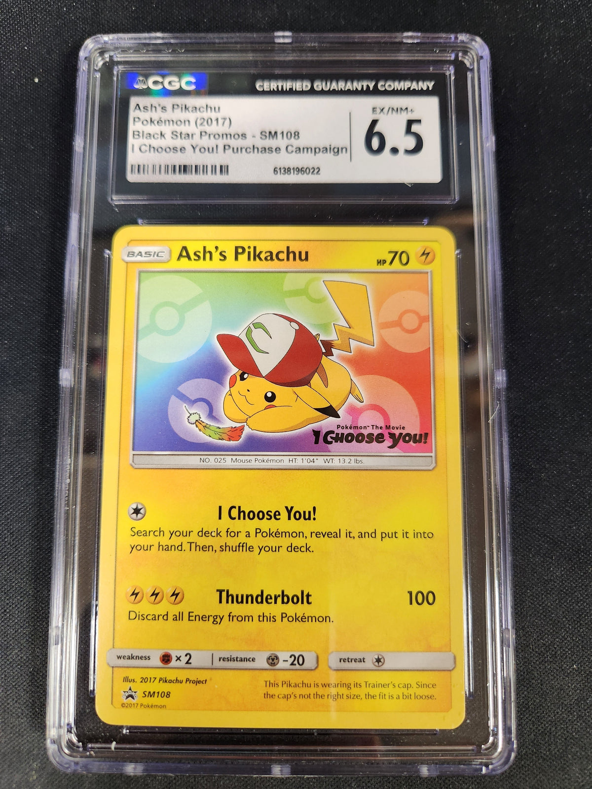 Ash's Pikachu – Pokemon (2017) - Black Star Promos - SM108 - I Choose You! Purchase Campaign - CGC Graded 6.5