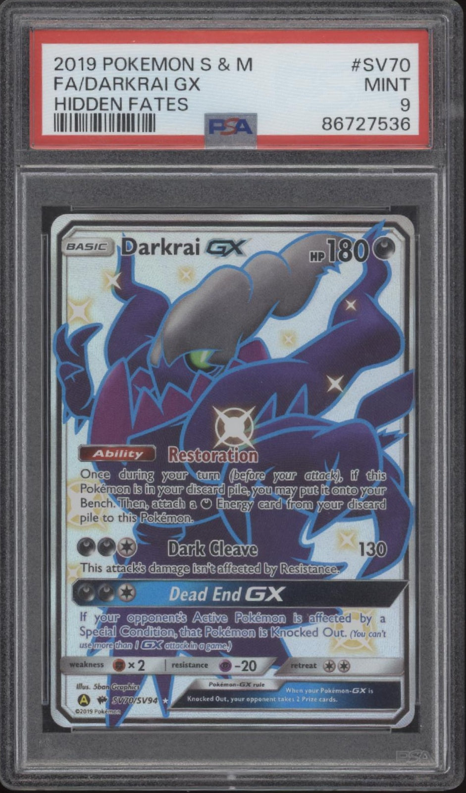 Darkrai GX Pokemon Hidden Fates Full Art #SV70 PSA 9