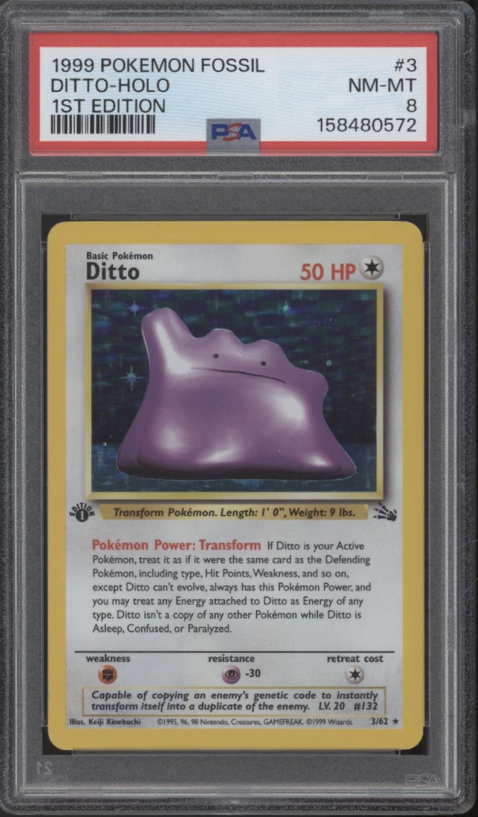 Ditto Pokemon Fossil Holo 1st Edition #3 PSA 8