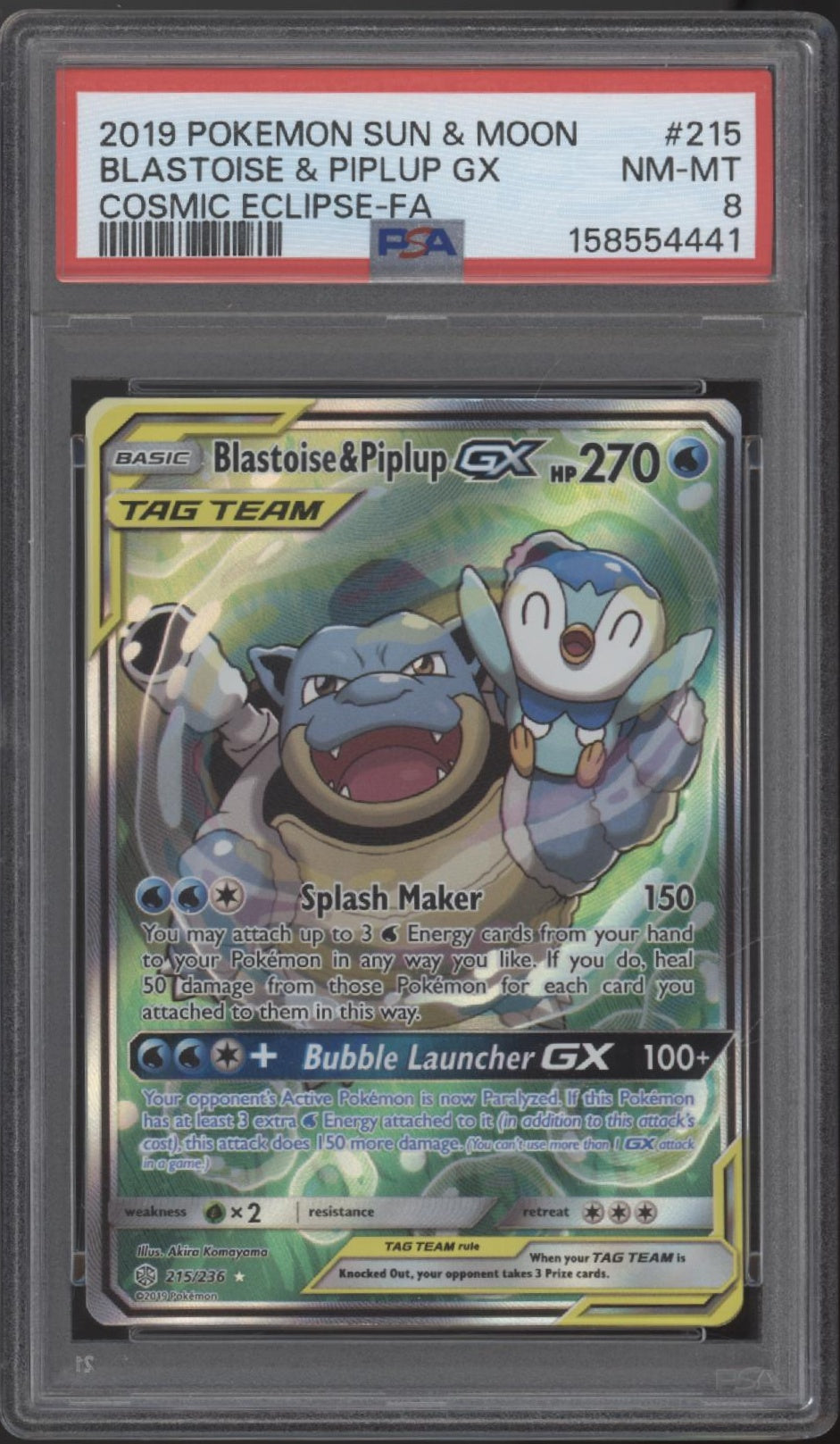 Blastoise & Piplup GX Pokemon Cosmic Eclipse Full Art #215 PSA 8