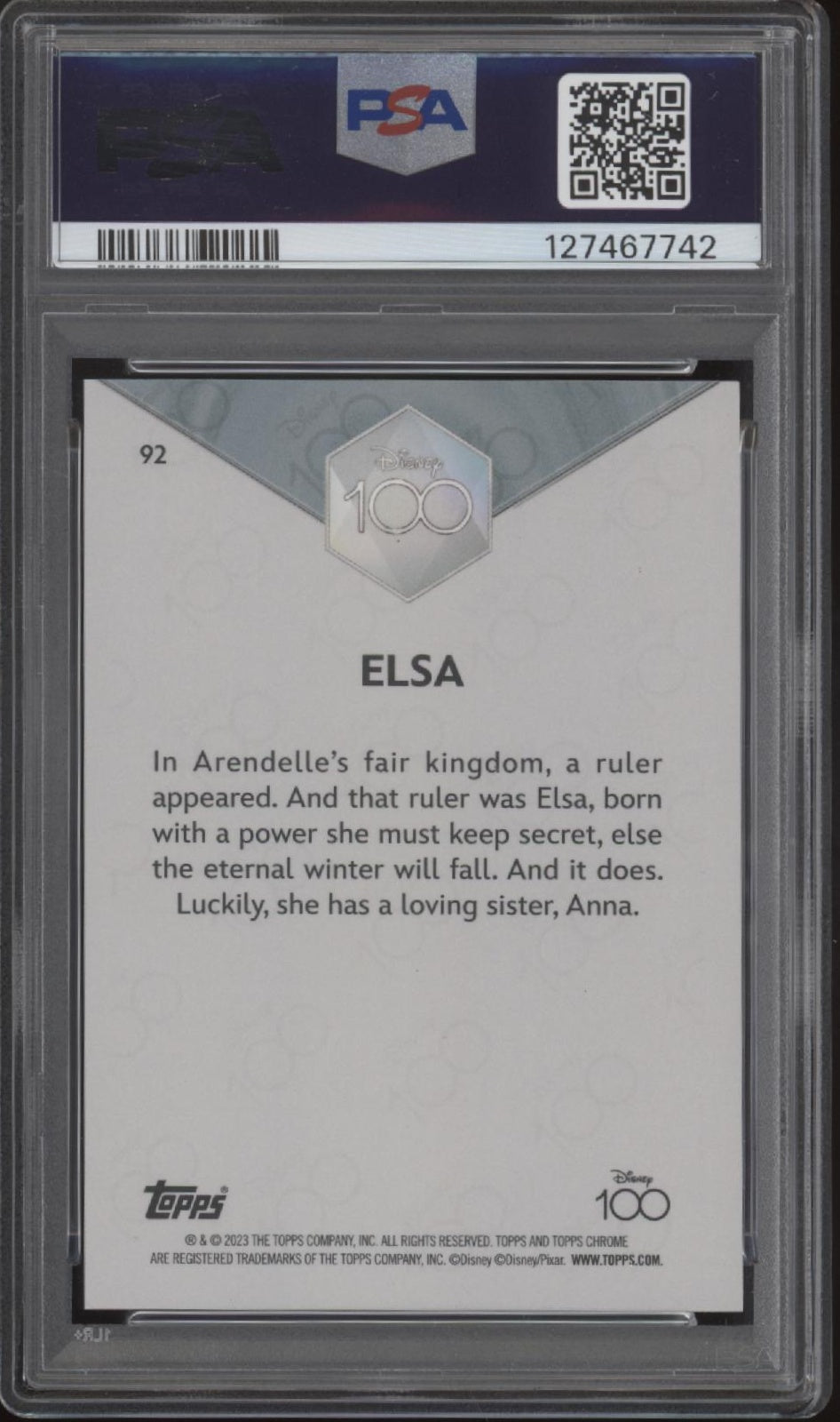 Elsa 2023 Topps Chrome Disney 100 Purple Refractor 134/299 #92 PSA 9