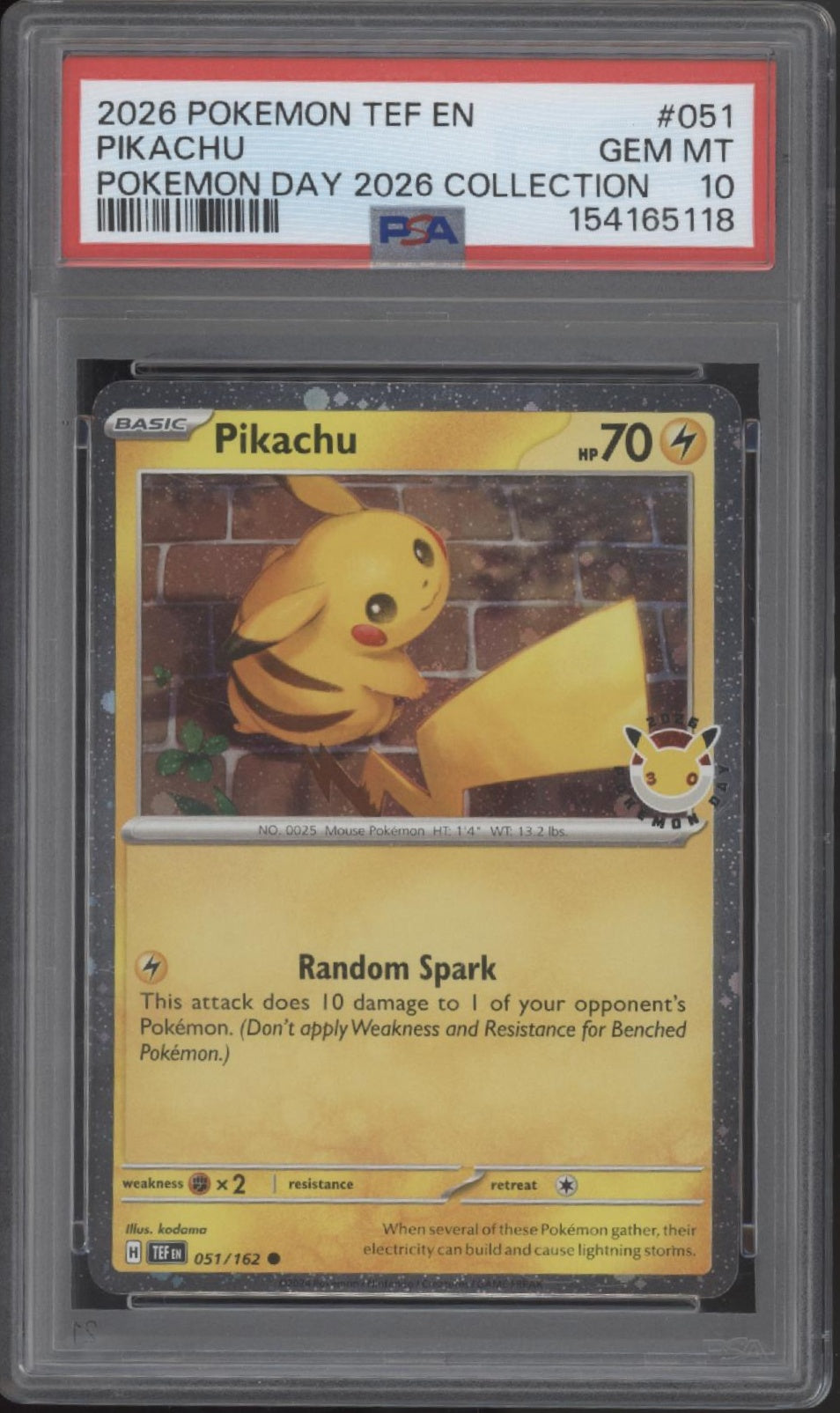 Pikachu Pokemon Temporal Forces Pokemon Day 2026 Collection #051 PSA 10