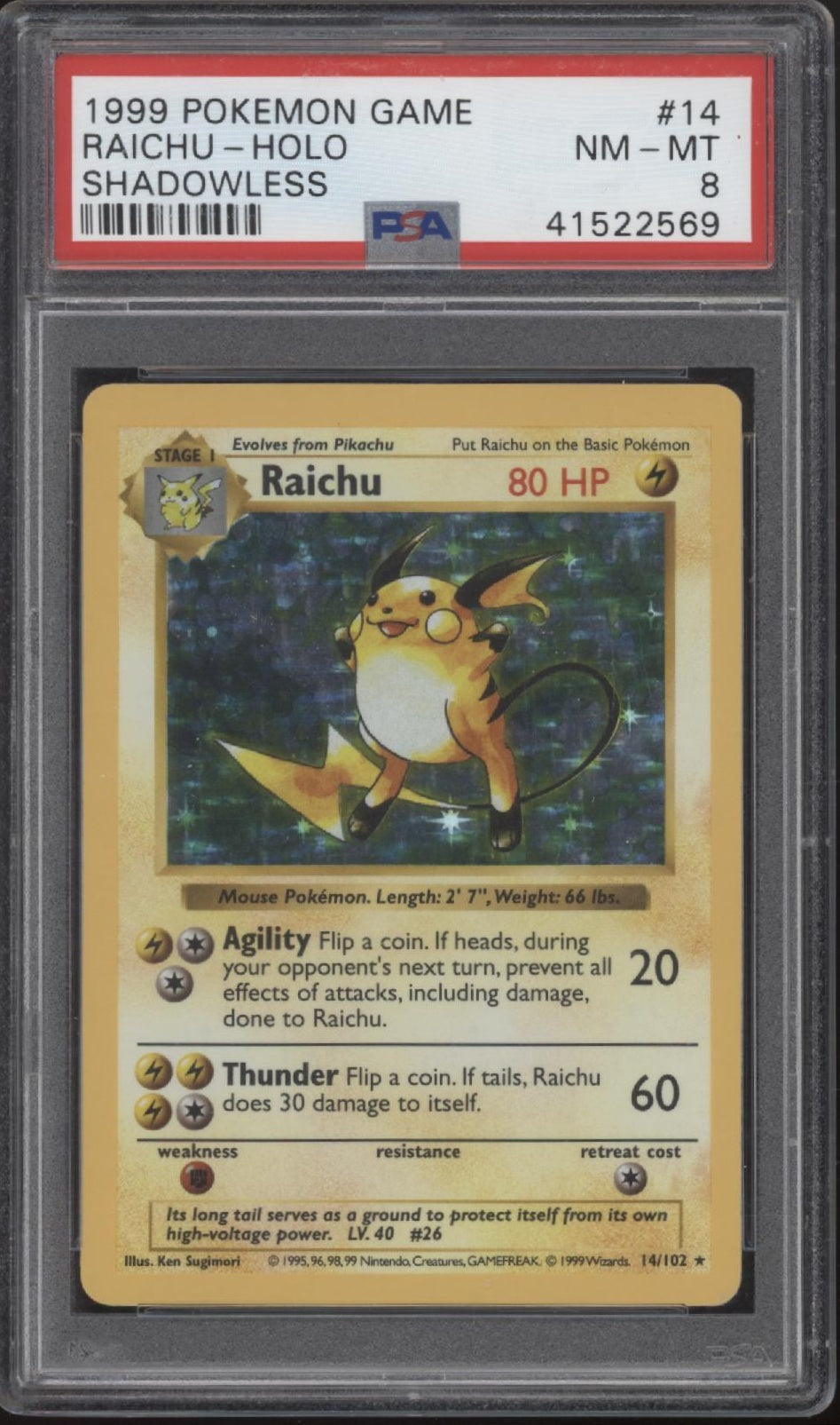 Raichu Pokemon Base Set Shadowless Holo #14 PSA 8