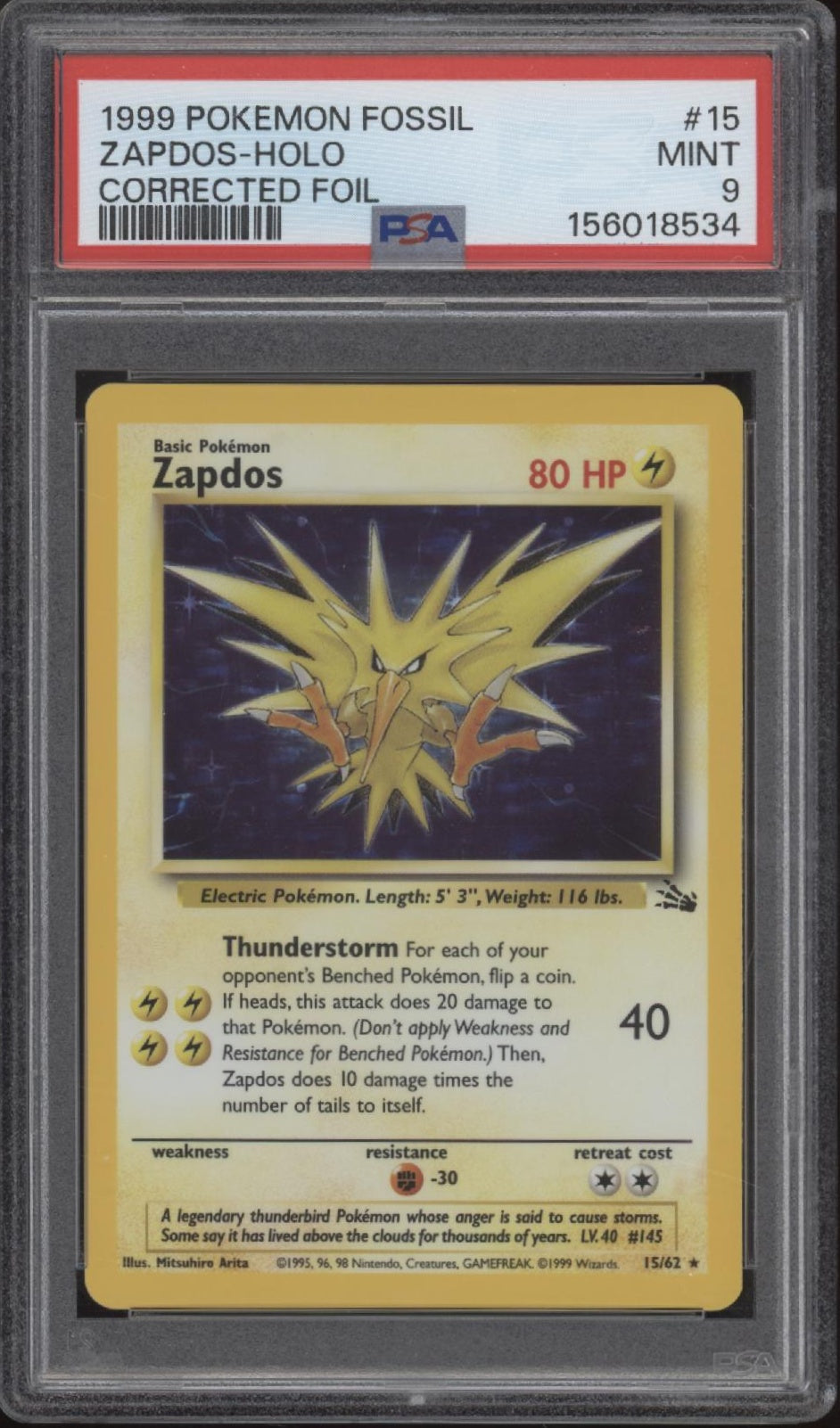 Zapdos Pokemon Fossil Corrected Foil #15 PSA 9