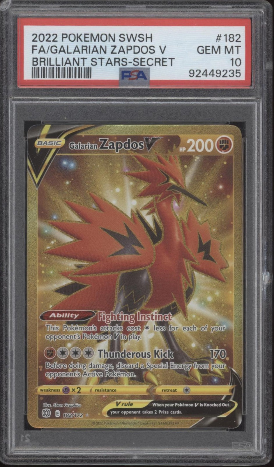 Galarian Zapdos V Pokemon Brilliant Stars Secret Full Art #182 PSA 10