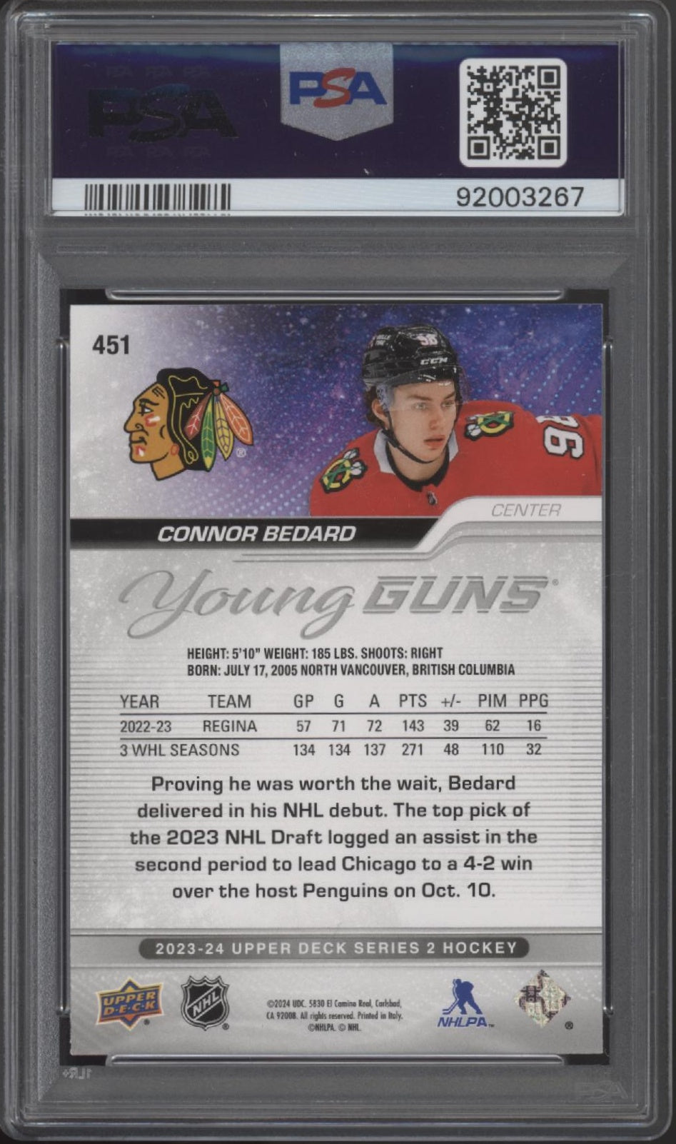 Connor Bedard 2023-24 Upper Deck Series 2 Young Guns RC #451 PSA 9